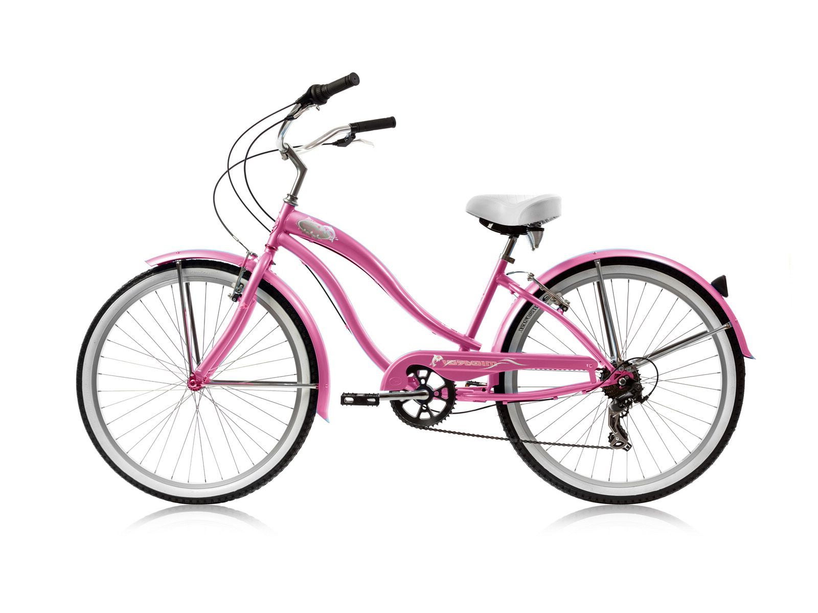 Wonder Wheels 26 In. Beach Cruiser Shimano Tx-35 7 Speed Bicycle, Bike, V-Brake Stainless Steel Spokes One Piece Crank Alloy Pink Rims 36 H With Fender - Pink