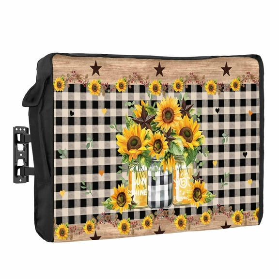 Outdoor TV Cover 70 to 75 Inches, Sunflower Country Star Texas Star Flowers Retro Black Plaid Waterproof TV Cover with Remote Control Pocket, Flat Screen TV Cover Protector for Outside TV