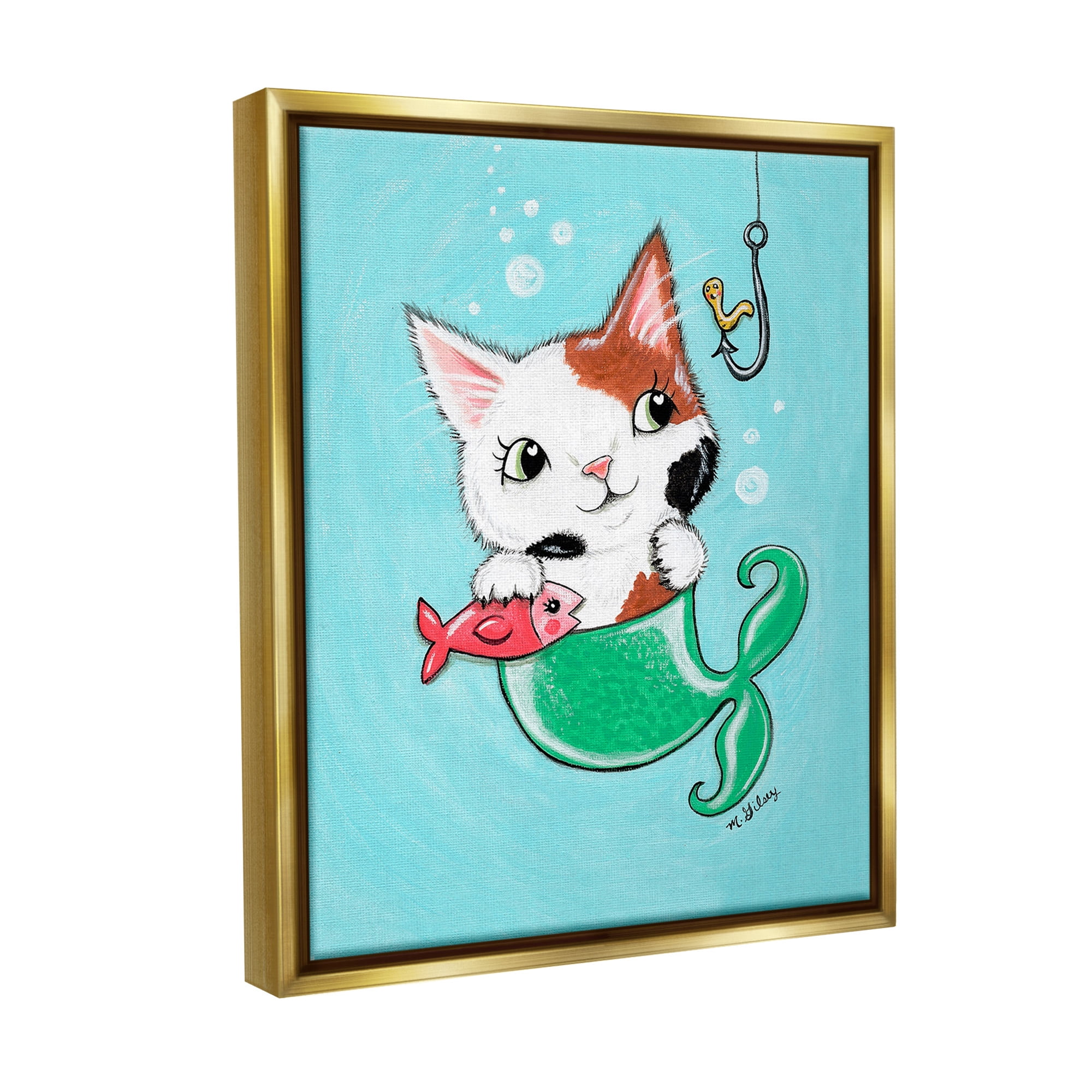 Stupell Industries Mermaid Cat with Fish Animals & Insects Painting Gold Floater Framed Canvas Art Print Wall Art, 17 x 21