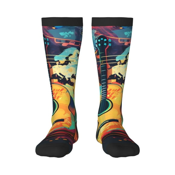 Gaeub World Map Guitar Illustration Print Design Socks Stretchy High Tube Socks for Men Women Teens , Softball Soccer Socks for Hiking, Sport