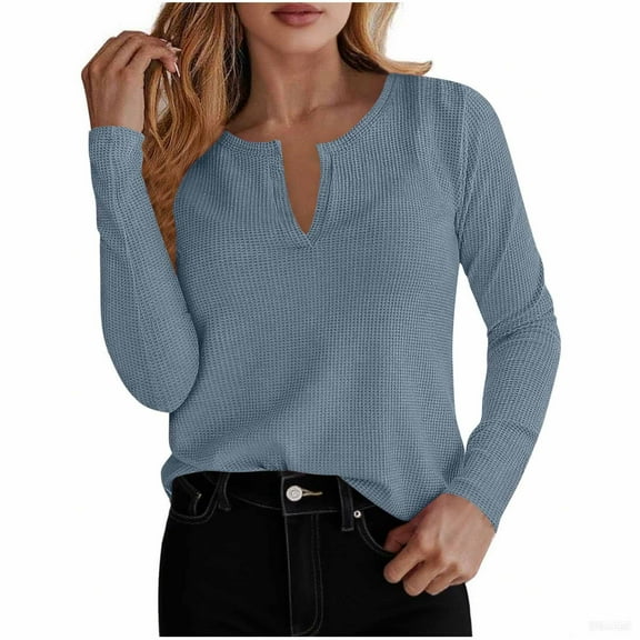 Lenpel Long Sleeve Tops for Women Trendy Notched V Neck Solid Color Textured Knit T Shirts Casual Loose Tee Blouses(Light Blue,X-Large)