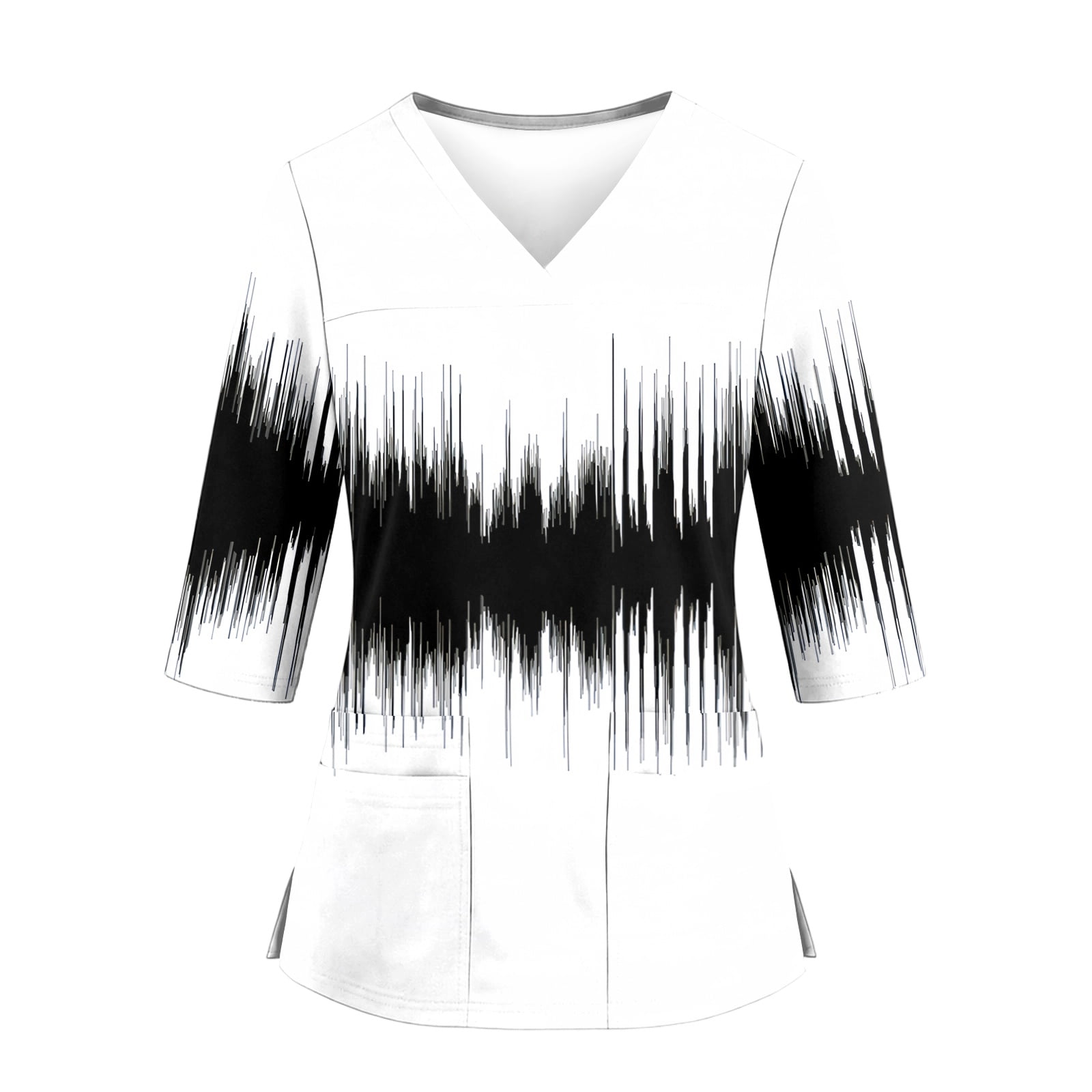 KDDYLITQ Scrub Tops Women Plus Size Stretchy 3/4 Sleeve V Neck Scrub Shirts with 4 Pockets Printed Breathable Lightweight Nurse Uniforms White XL