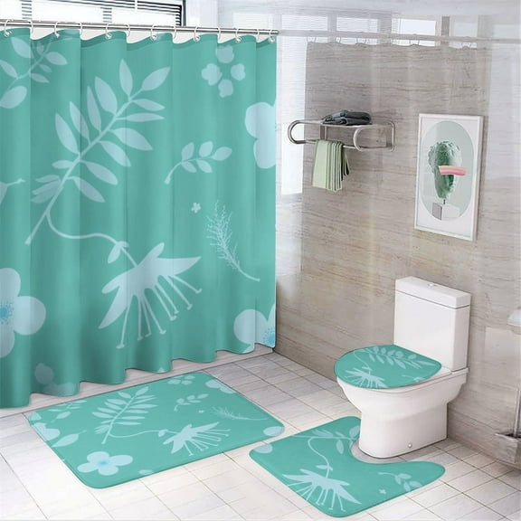 Light Blue Floral Pattern Shower Curtain Sets Non-Slip Rugs Bath Mat Toilet Cover U Shaped Mat 4 Pcs