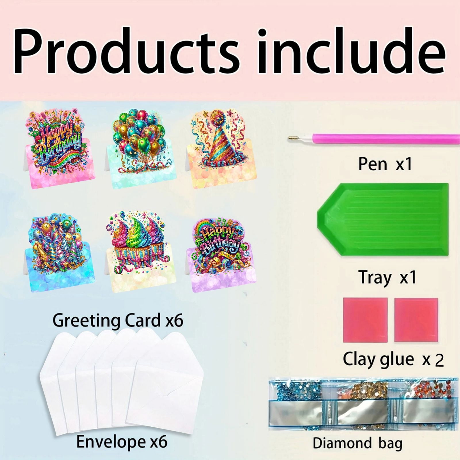 FLOPESN 24Pcs Happy Birthday DIY Diamond Art Painting Greeting Card,3D Folding Card Kit,White 4.5X9.1in Envelopes for Festival Gift