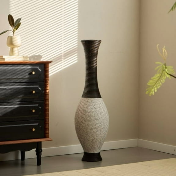 40.2" Modern Tall Floor Vase - Artificial Rattan - Two-Tone Dark Brown Finish - Stand Alone or Fill