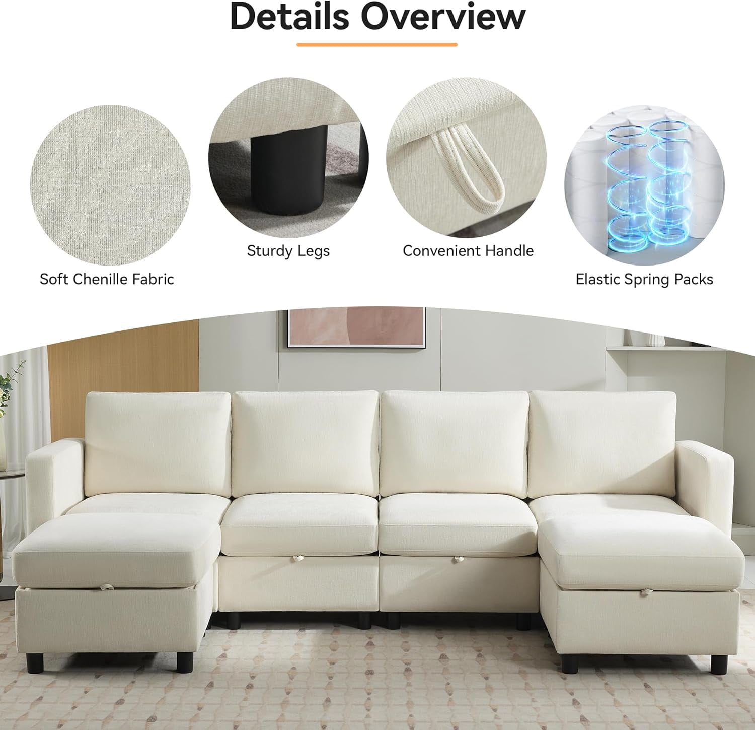 Middle Seat Module for Modular Sectional Couch Sofa, Living Room Accent Armless Sofa Chair with Storage & Pillow, Modern Side Sectional Middle Unit, Chenille Beige