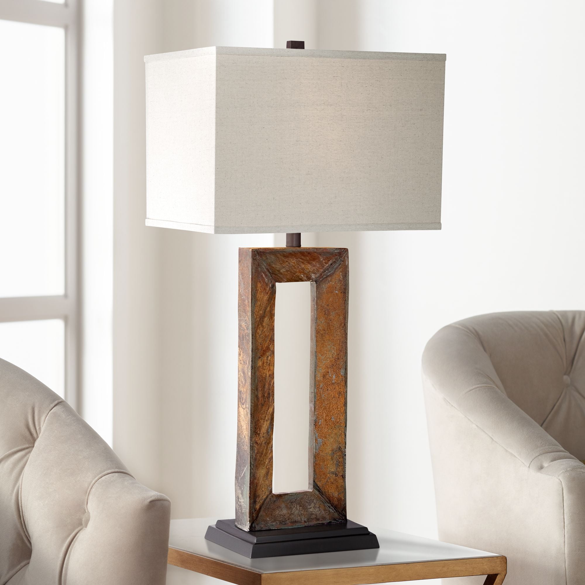 Franklin Iron Works Rustic Table Lamp Natural Slate Off White Rectangular Shade for Living Room