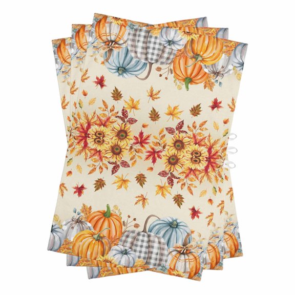Orange Grey Fall Kitchen Towels Set of 3, Water Absorbent Dish Towel, Thanksgiving Maple Leaf Pumpkins Decorative Hand Towels - Quick Drying Cloth for Cooking Baking, 18x28 Inch