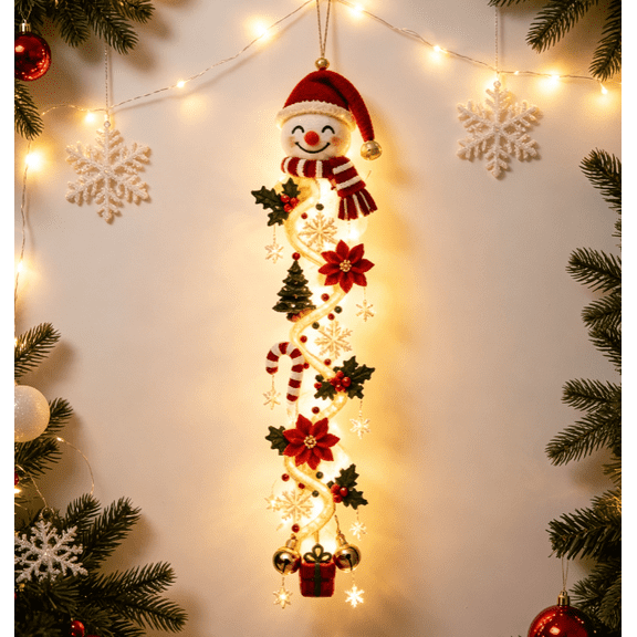 Glowing Christmas Door Hanger,Christmas Snowman Lighted Vertical Door Hanger, Handmade Festive Wall Ornament with Fairy Lights, Poinsettia and Gift, Winter Mantel Decor