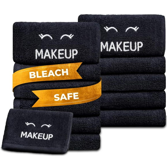 White Classic Bleach Safe Black Makeup Washcloths for Face Cleansing, 12 Pack - Super Soft Luxury Cotton Black Makeup Towels, Highly Absorbent and Quick Dr