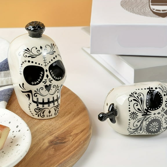 Halloween Salt & Pepper Shakers - 2PC Ceramic Ghost Set | Day of the Dead Kitchen Decor | BBQ & Party Seasoning Bottles