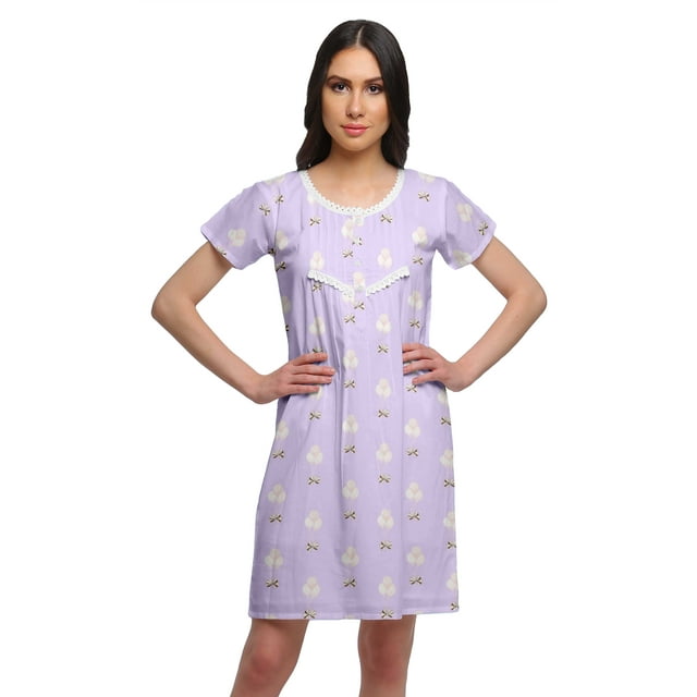 Moomaya Cotton Lace Neckline Sleepwear For Women Button Placket Nightdress