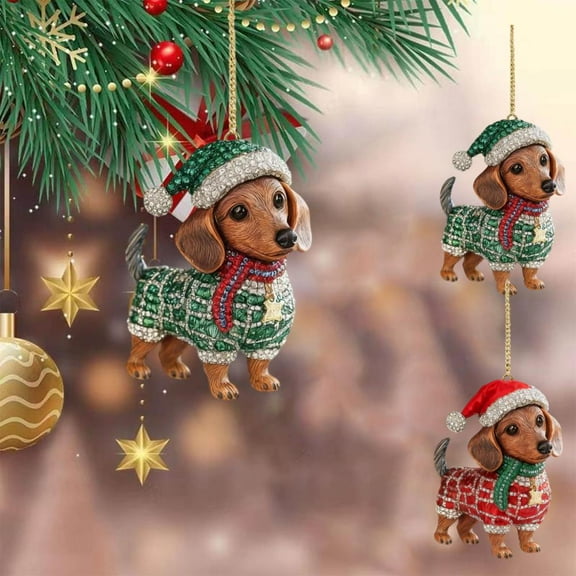 Outoloxit Dachshund Christmas Ornament 3 Inch Sparkling with Hat and Scarf, Easy Hang Decor for Tree, Gift for Dog Lovers and Family Holiday Decoration