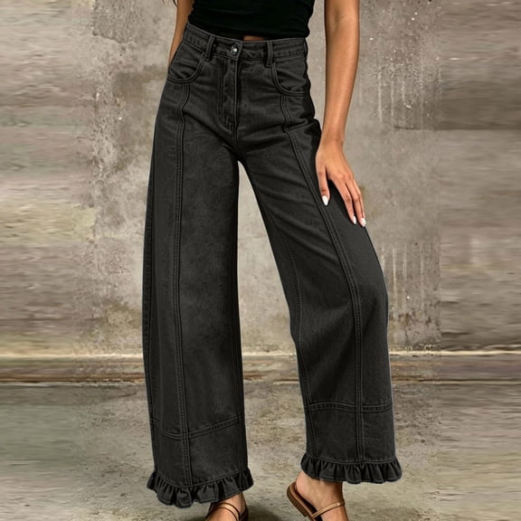 Barrel Jeans Womens High Waist Wide Leg Y2K Jeans Ruffle Baggy Casual Denim Pants