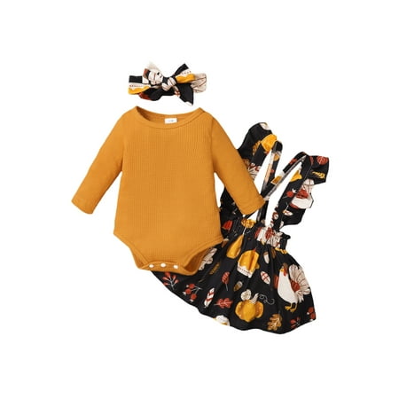 

JYYYBF Infant Baby Girls Thanksgiving Outfit Ruffles Long Sleeve Romper + Turkey Suspenders Skirt Set Brown 0-3 Months