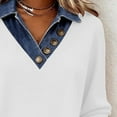 thumbnail image 6 of ManxiVoo Women's Denim Patchwork Sweatshirt Casual Lapel V Neck Long Sleeve Pullover for Street Style L Size White, 6 of 7