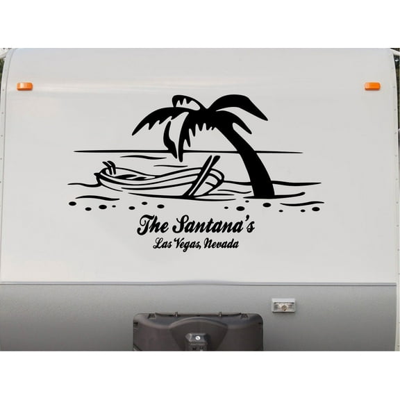Beach Boat Palm Tree RV Camper Decal Sticker Scene