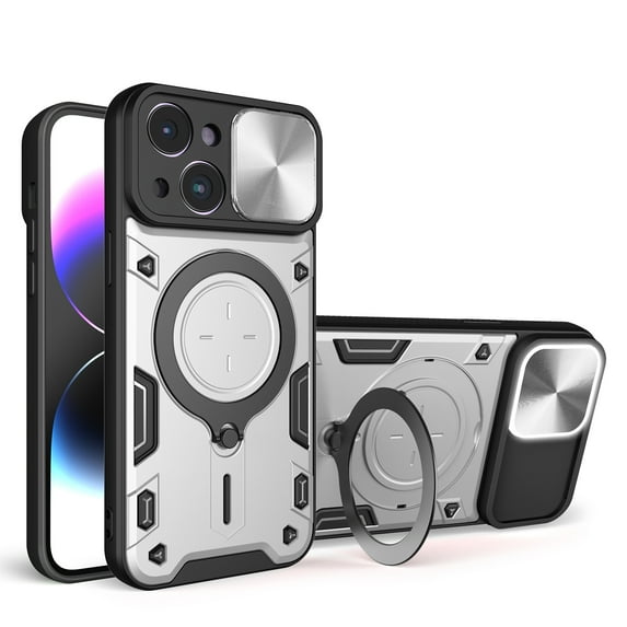Heavy Duty Case for iPhone 14, Camera Lens Sliding Cover with Hidden Bracket Magnetic Car Mount Holder, Rugged PC+TPU Hybrid Military Grade Shockproof Lens Protection Case, Silver