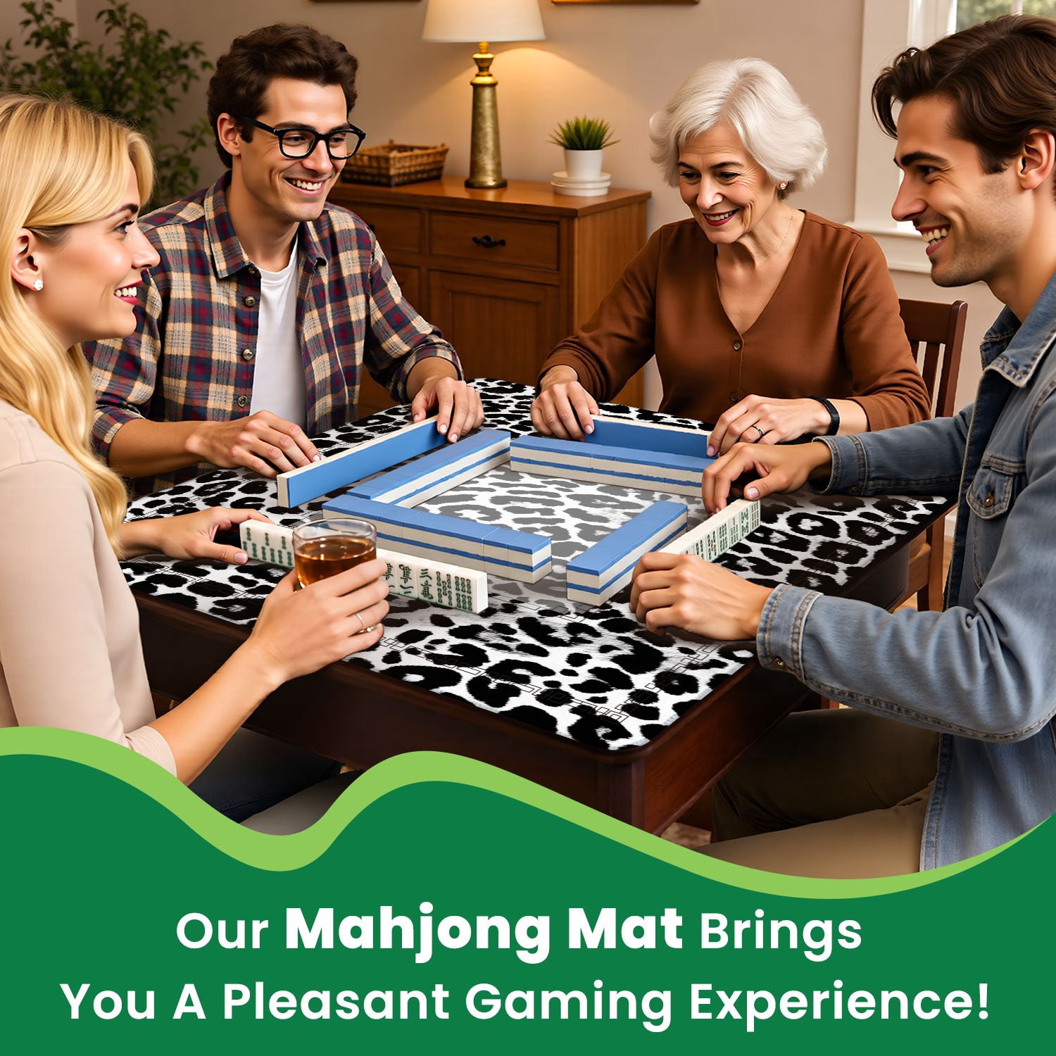 Mahjong Mat 31.5" x 31.5" leopard repeating seamless monochrome black white Non-Slip Noise Reduction American Mahjong Tiles Table Cover for Dominoes Poker Card Board Games Gift