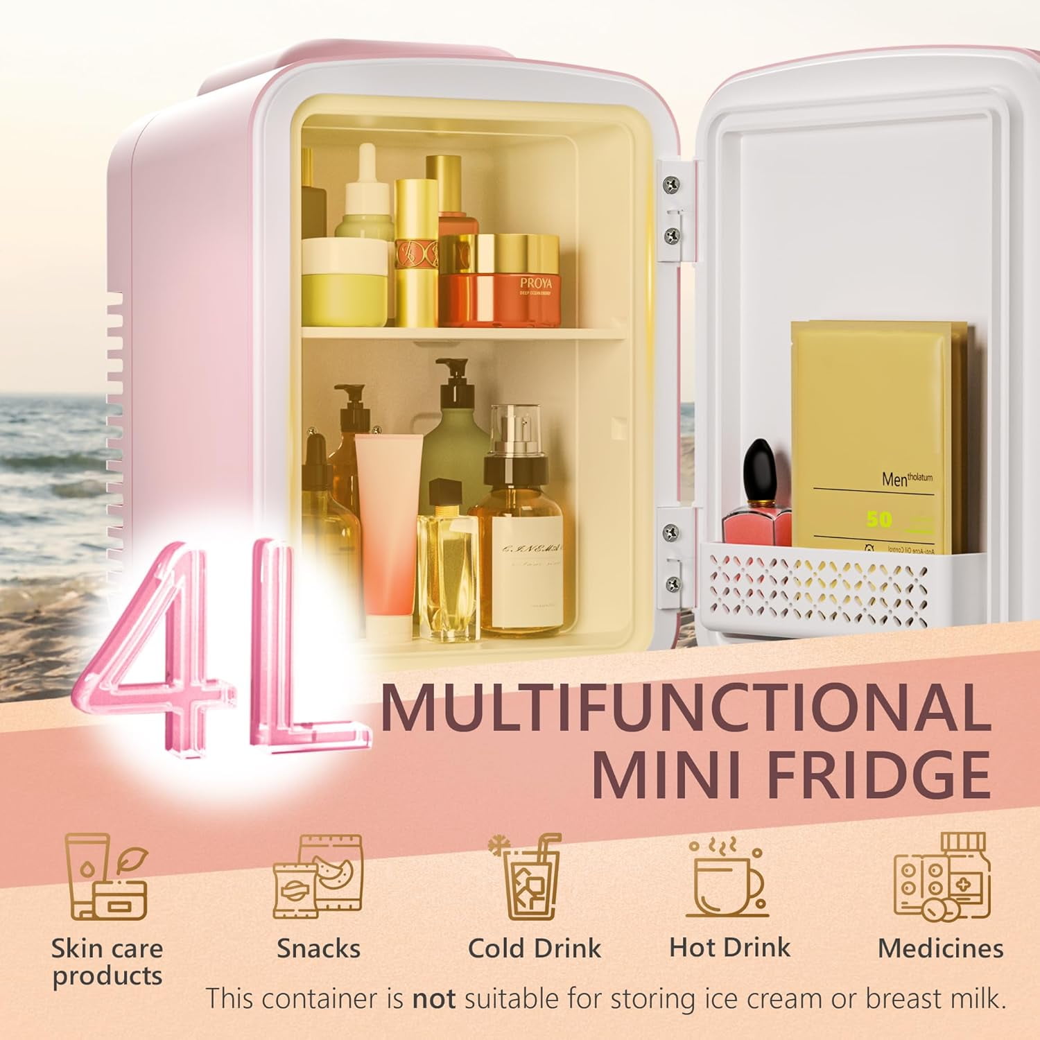 Fridge, 4L Portable Cooler & Warmer for Skincare, Cosmetics, Beverages, Pink