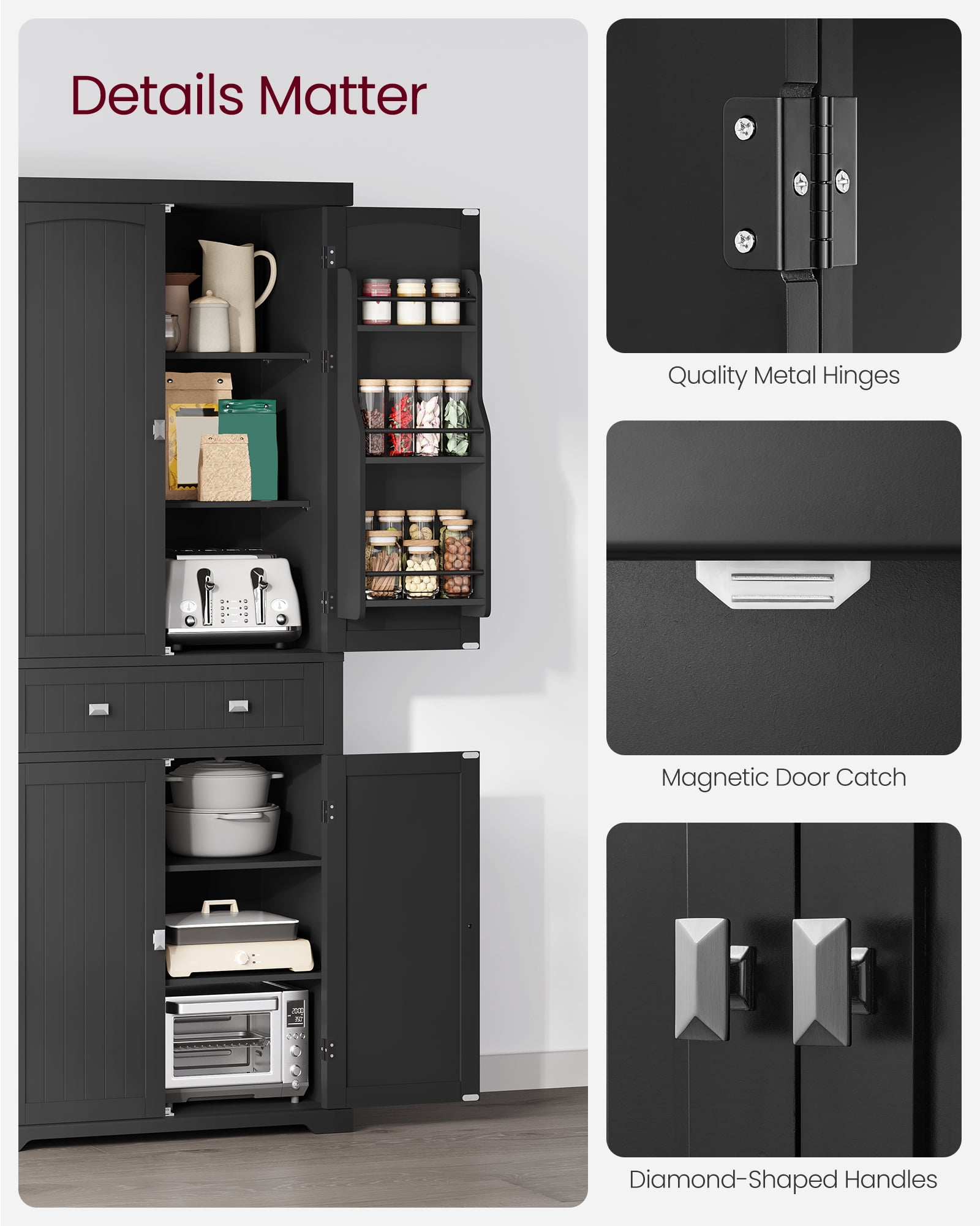 VASAGLE Pantry Cabinet, 71.7 " Kitchen Pantry Storage Cabinet Tall Freestanding Cupboard with 1 Drawer 6 Hanging Shelves for Dining Room Laundry, Black