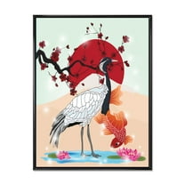 Designart 'Koi Fish With Crane Bird' Farmhouse Framed Canvas Wall Art Print