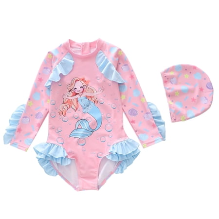 BOOMNY Toddler Girls 2 Peice Swimsuits Long Sleeve Ruffled Bathing Suit for Kids Cartoon Graphic Lightweight Cozy Summer Beach Vacation Swimwear
