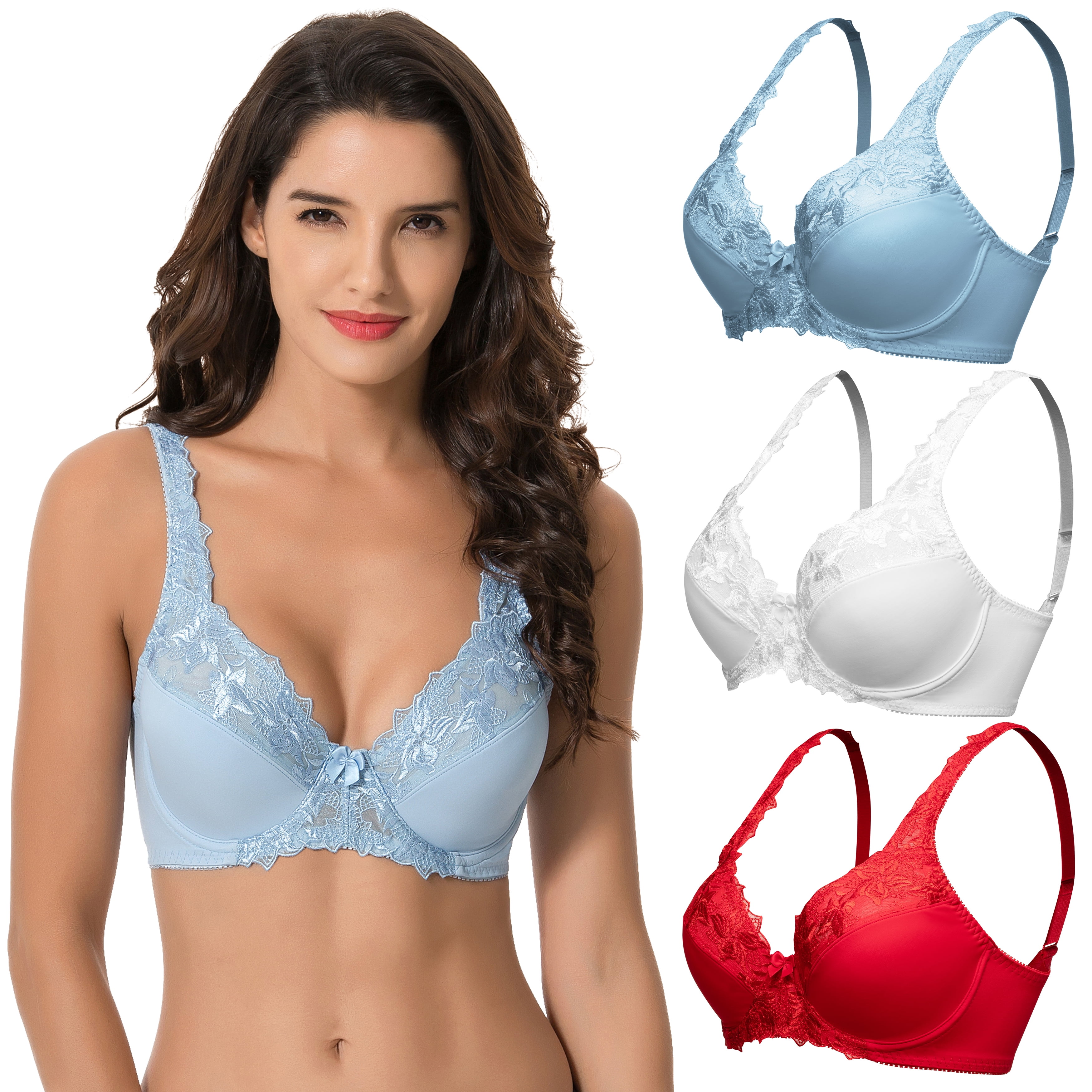 Curve Muse Women's Plus Size Minimizer Wireless Unlined Bra With Embroidery Lace