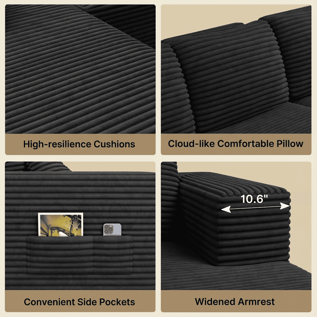 105" No-Assembly Modular L-Shaped Sectional Sofa, Comfy Corduroy Deep Seat Cloud Couch with Chaise, Modern Boneless Sofa for Living Room, Bleige
