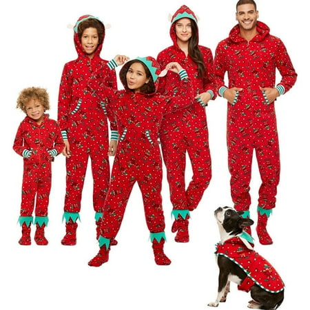 

Sunisery Christmas Family Matching Jumpsuit Hooded Adult Men Women Kid Sleepwear Nightwear Xmas Pajamas