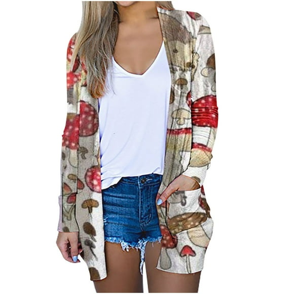 fartey Long Sleeve Cardigan Coat for Women 2024 Slim Pockets Mushroom Print Tops Draped Open Front Beach Vacation Coverups Blouses