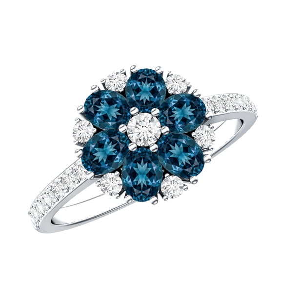Rosec Jewels London Blue Topaz Flower Engagement Ring for Women - Blue Topaz Diamond Ring - AAA Quality - with Jewelry Box, 925 Sterling Silver, US 4.00