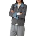 thumbnail image 2 of Women'S Denim Spliced Collar Zip‑Up Knit Cardigan Top Dark Gray One size, 2 of 7