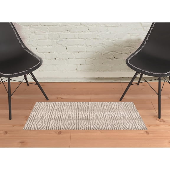 2' X 3' Tan Ivory And Brown Geometric Stain Resistant Area Rug