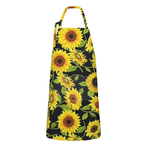 Black Green Leaf Sunflower Pattern Apron-Garden Aprons for Women with Pockets-Cotton Linen Waterproof Kitchen Cooking Gardening Aprons Adjustable for Kitchen,Cooking,BBQ and Salon 33x27 Inch