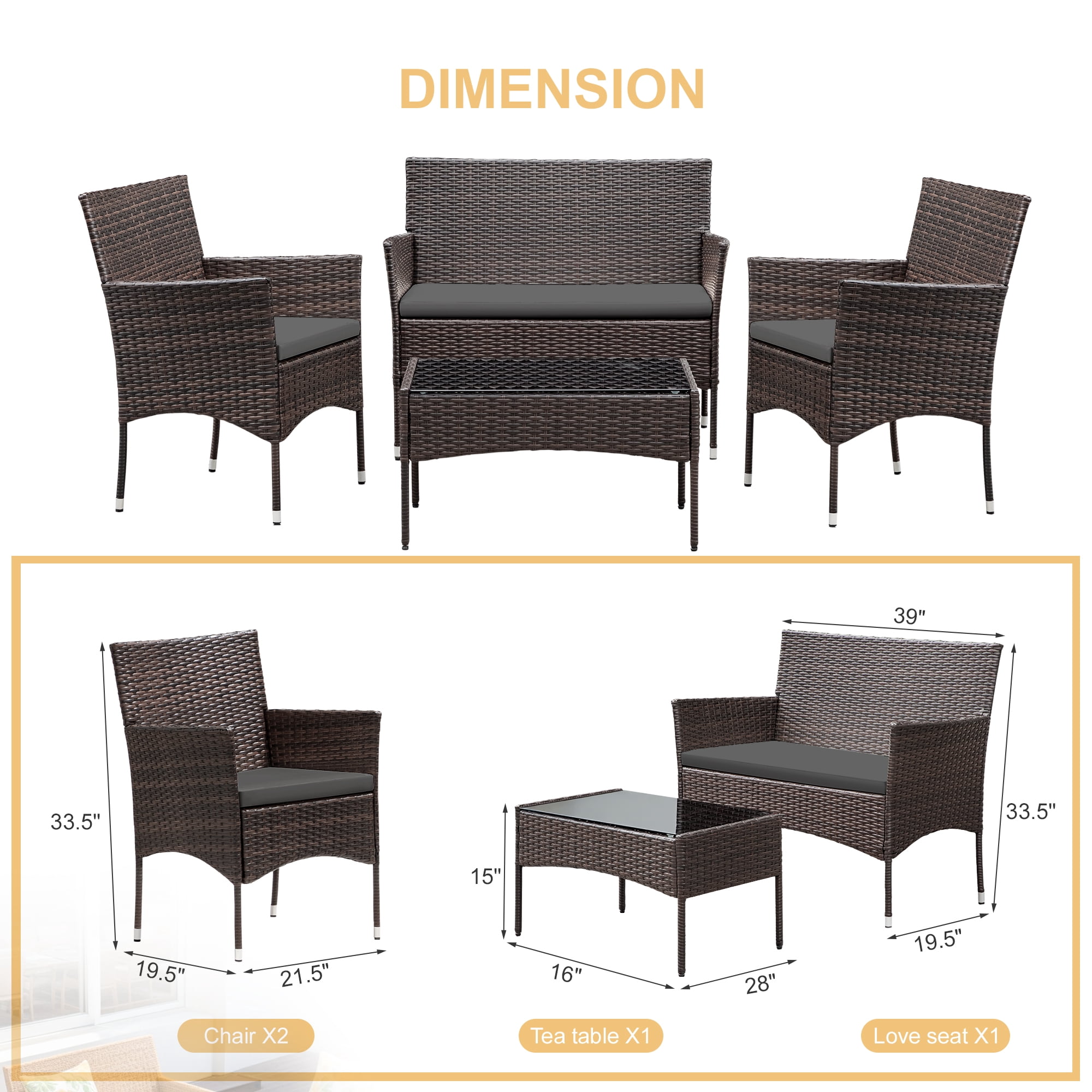 Lacoo 4 Pieces Outdoor Brown PE Rattan Wicker Table and Chairs Set Balcony Tempered Glass,Gray