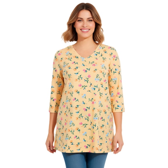 Woman Within Plus Size Perfect Printed Three-Quarter-Sleeve V-Neck Tunic