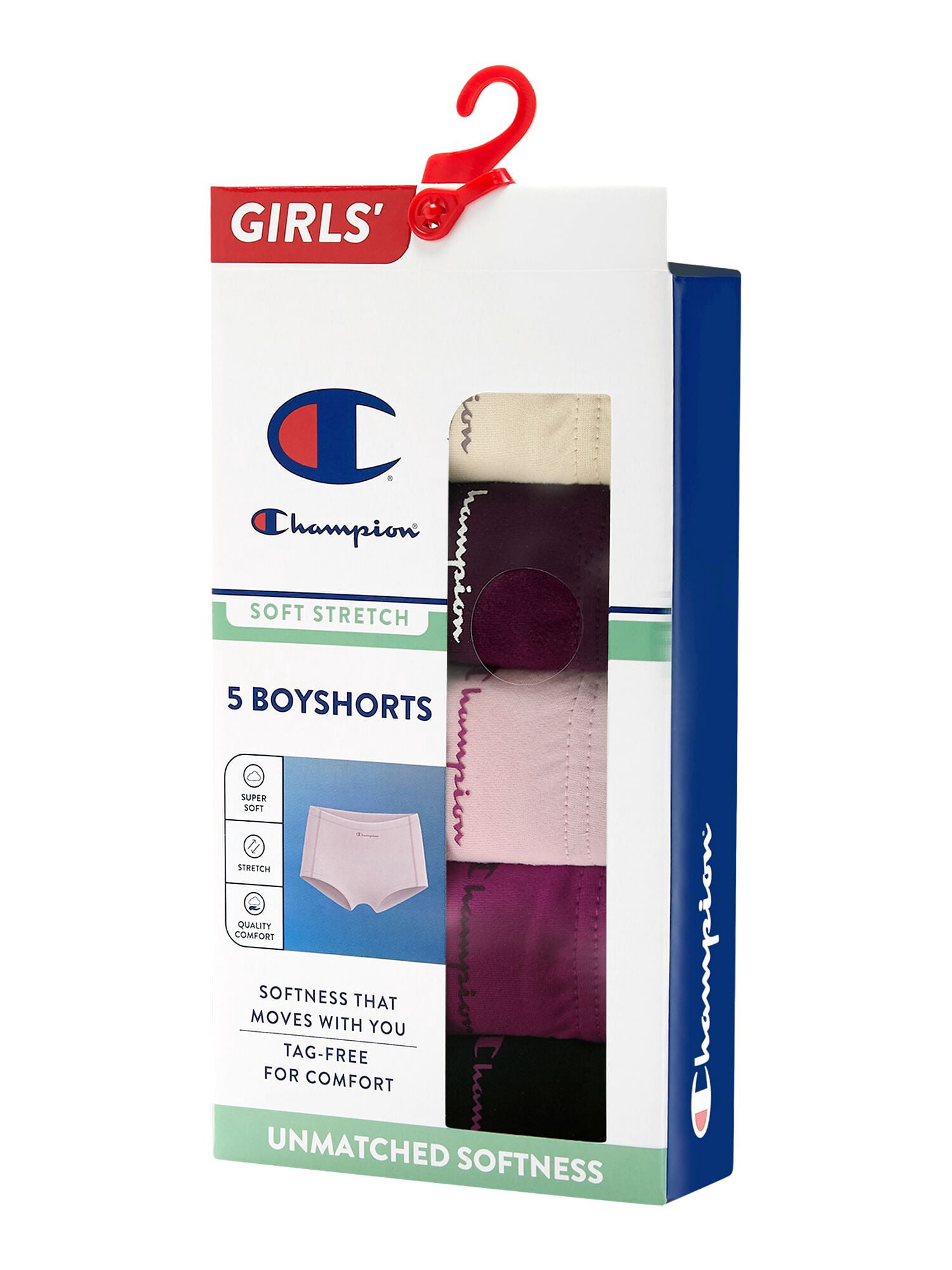 Champion Girls’ Softest Touch Boyshorts, 5 Pack, Sizes XS–XL