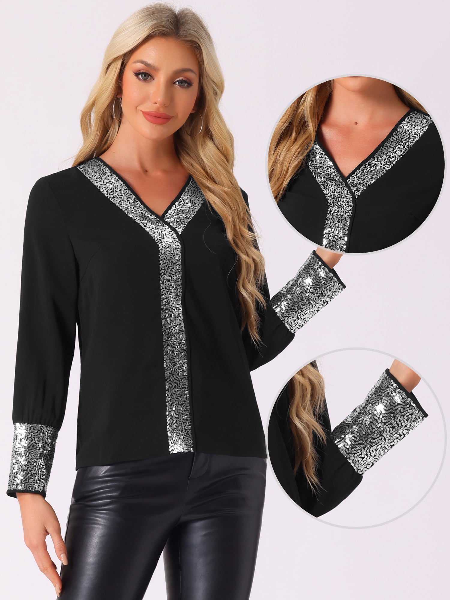 DARING DIVA Women's Sequin V Neck Long Sleeve Lightweight Shirts XS Black