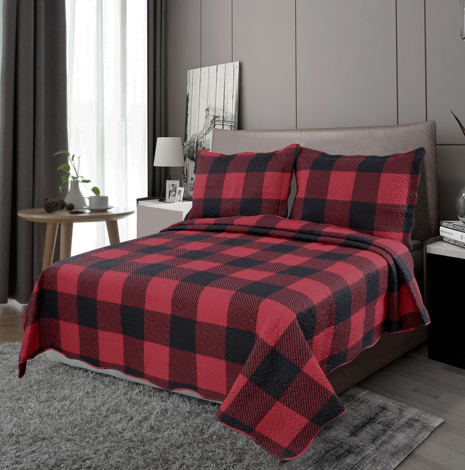 Marina Decoration Rich Printed Embossed Pinsonic Coverlet Bedspread Ultra Soft Bedding Summer Quilt Set with Shams, Red Black Plaid Pattern