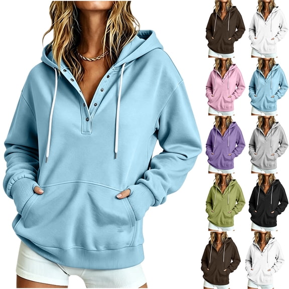Hoodies Sweatshirt for Women Button Collar Drawstring Long Sleeve Pullover Casual Winter Hooded Tops With Pocket Fall Outfits