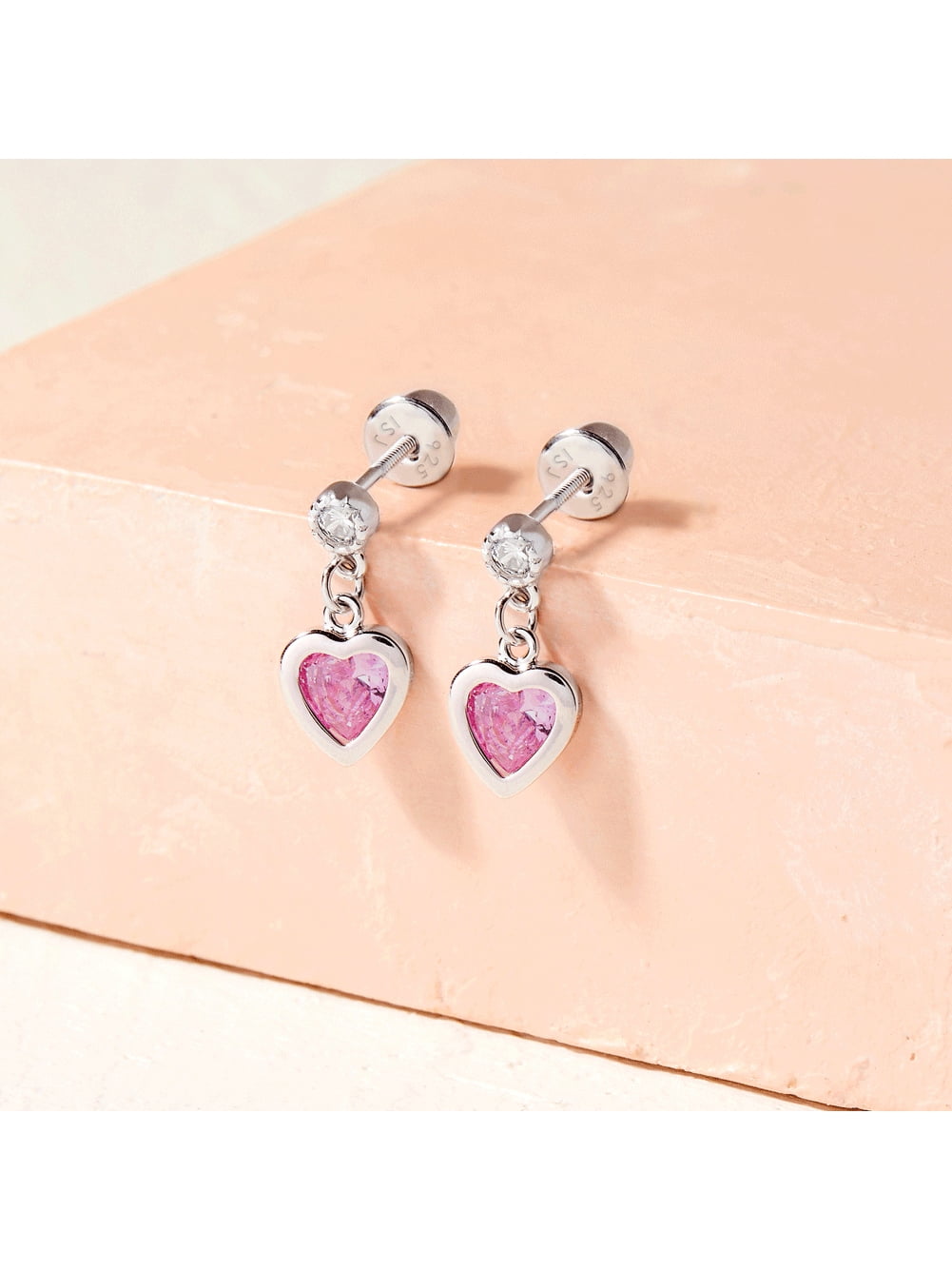 My First Dangle Hearts Pink Kids / Girls Earrings Screw Back - Sterling Silver