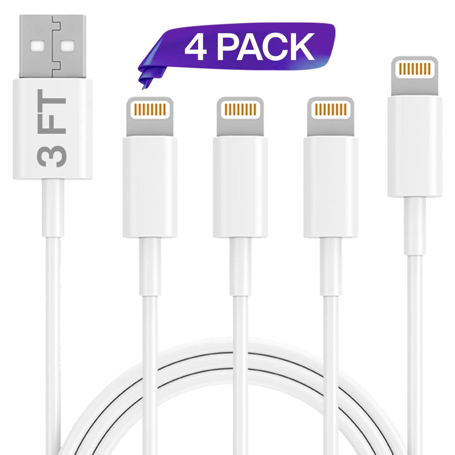Infinite Power MFI Certified 4 Pack 3FT USB Cable for Apple iPhone Xs,Xs Max,XR,X,8,8 Plus,7,7 Plus,6S,6S Plus,iPad Air,Mini,iPod Touch,Case Charging & Syncing Cord iPhone Lightning Cable 