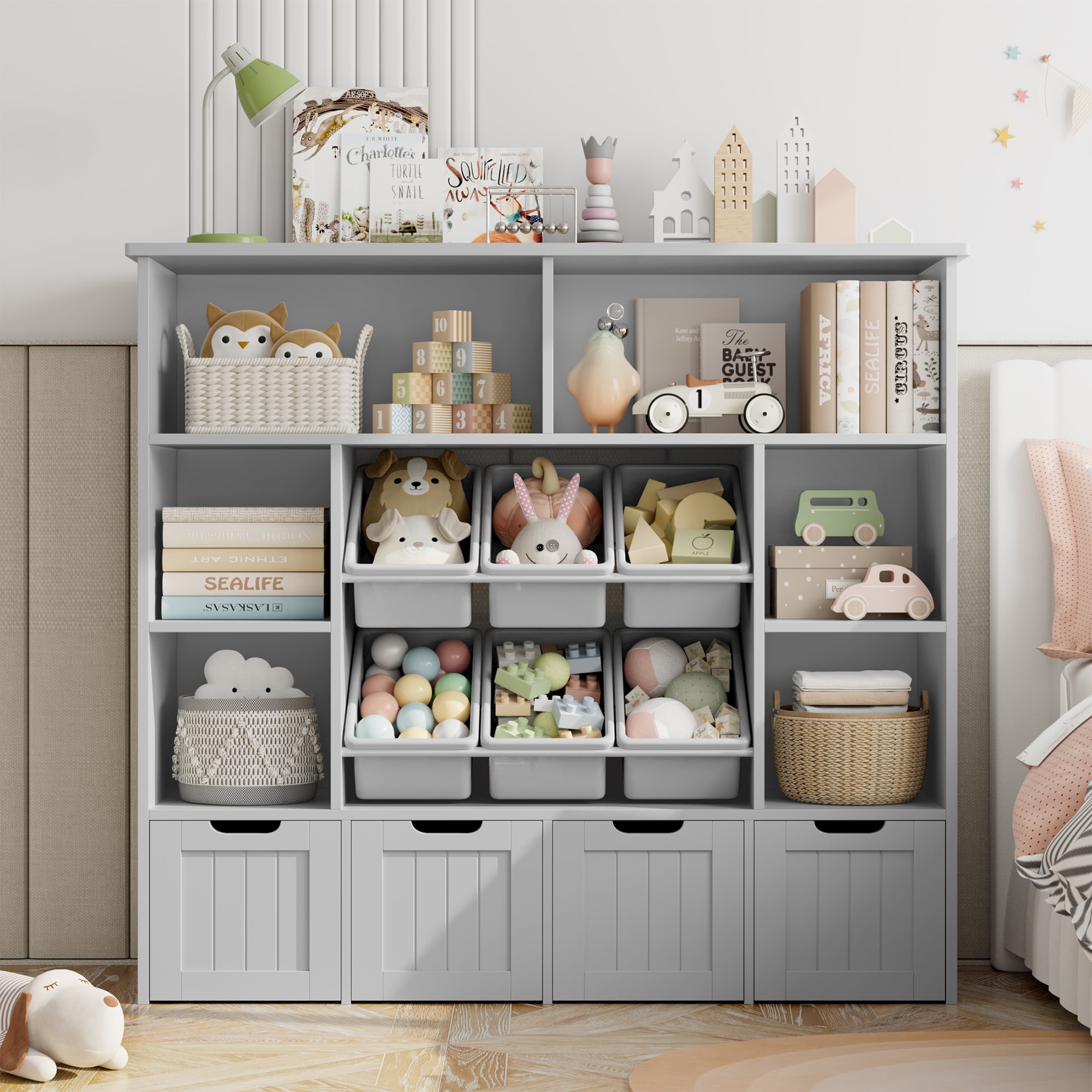 Hiphuta Large 4 Tier Kids Bookcase, Wood Toy Organizer of 6 Boxes & 4 Removable Drawers, Bookshelf for Kids Room Classroom, Grey