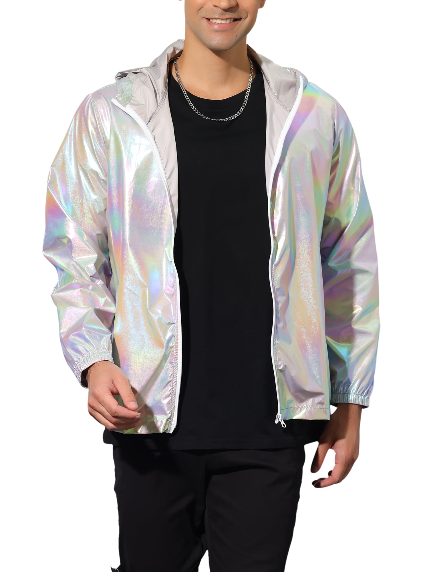 INSPIRE CHIC Men's Jacket Metallic Zip up Hooded Lightweight Holographic Shiny Jackets M Gray