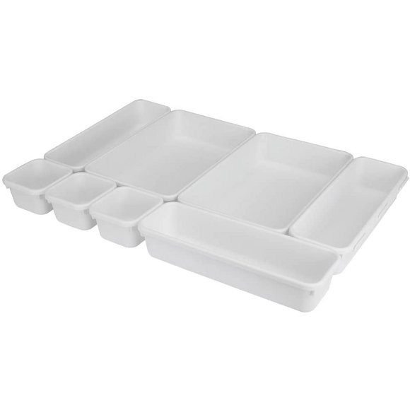 Home Basics 8 Piece Kitchen, Adjustable and Customizable Multi-Drawer Divider Organizer Set Multipurpose Use White