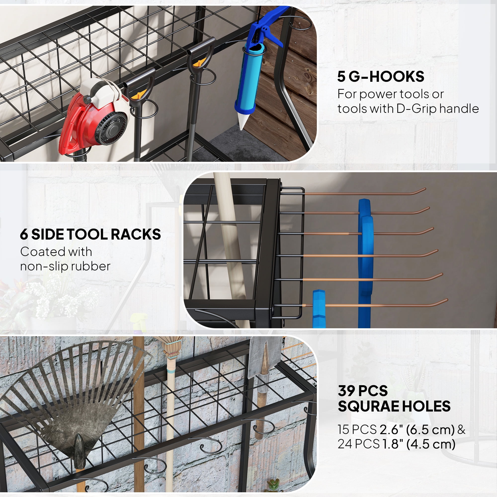 Outsunny Garden Tool Organizer for Garage, 3 Tier Yard Tool Storage Rack with Hooks, Orange