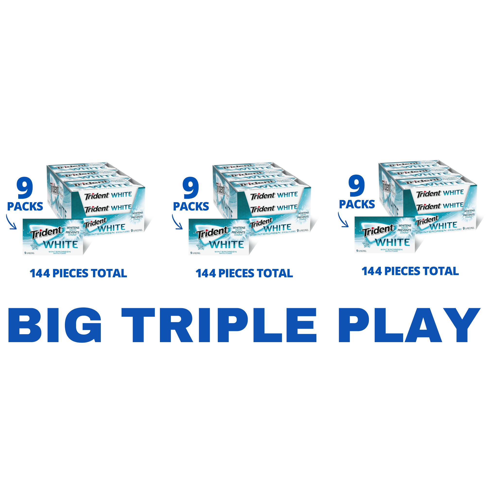 Trident White Wintergreen Sugar Free Gum, 27 Packs of 48 Pieces (432 Total Pieces) BIG TRIPLE PLAY