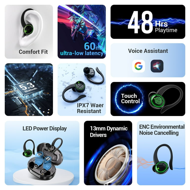 Wireless Earbuds Bluetooth 5.3 Headphones with 4-Mics Clear Call and ENC  Noise Cancelling, Bluetooth Earbuds Touch Control Stereo Sound with LED