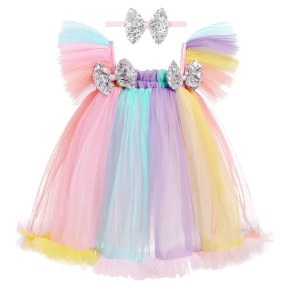 IBTOM CASTLE Toddler Baby Girls Tulle Tutu Dress Princess Flutter Sleeve Sequins Birthday Party Summer Beach Sundress with Headband 12-18 Months Rainbow
